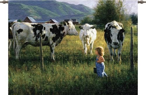 Anniken And Cows Wall Tapestry C-2326, Carolina, USAwoven, Tapestry, Animal, Green, Black, White, Girl, 30-39Incheswide, 10-29Inchestall, Horizontal, Cotton, Woven, Wall, Hanging, Tapestries, tapestries, tapestrys, hangings, and, the