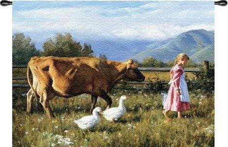 Morning Walk Wall Tapestry C-2339, Carolina, USAwoven, Tapestry, Animal, Green, Blue, Cow, Duck, Girl, 30-39Incheswide, 10-29Inchestall, Horizontal, Cotton, Woven, Wall, Hanging, Tapestries, tapestries, tapestrys, hangings, and, the