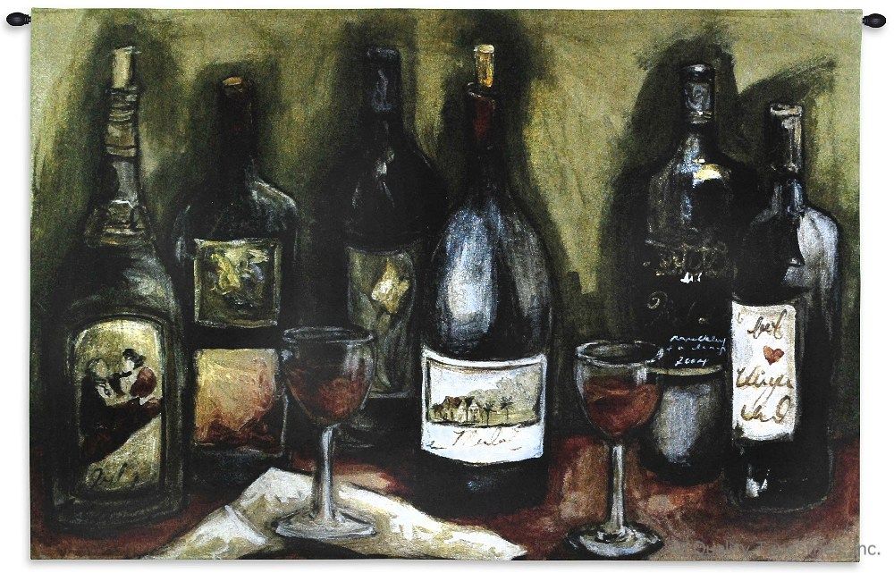 Wine Still Life Wall Tapestry C-2380, Carolina, USAwoven, Tapestry, Still, Life, Green, Red, 50-59Incheswide, 30-39Inchestall, Horizontal, Cotton, Woven, Wall, Hanging, Tapestries, tapestries, tapestrys, hangings, and, the, wine, bottles, abstract, contemporary, modern