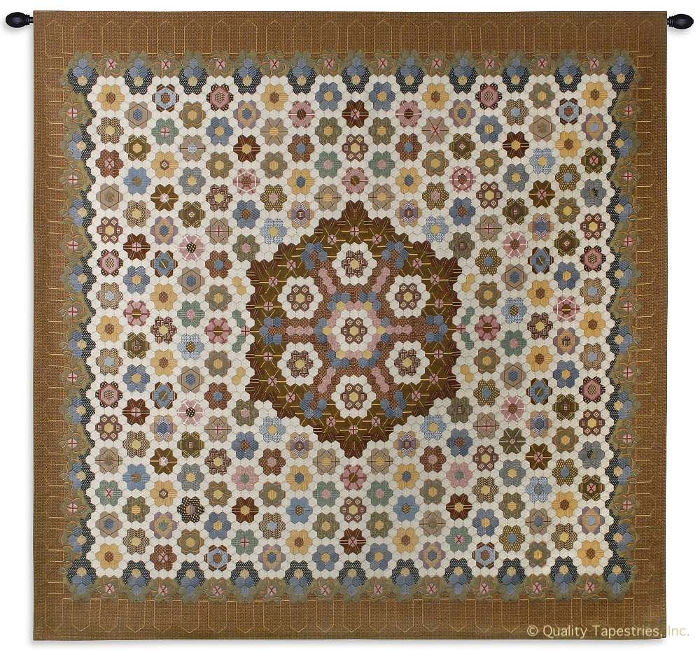 Honeycomb Quilt Style Wall Tapestry C-2389, 2389-Wh, 2389C, 2389Wh, 30-39Incheswide, 38W, 50-59Inchestall, 53H, Art, Blue, Brown, Carolina, USAwoven, Complex, Cotton, Design, Designs, Hanging, Honeycomb, Intricate, Pattern, Patterns, Quilt, Shapes, Style, Tapestries, Tapestry, Textile, Vertical, Wall, Woven, Yellow, tapestries, tapestrys, hangings, and, the
