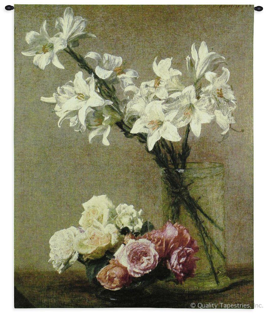 Roses and Lilies Wall Tapestry C-2410, 2410-Wh, 2410C, 2410Wh, 40-49Incheswide, 42W, 50-59Inchestall, 53H, A, And, Art, Beige, Botanical, Brown, Carolina, USAwoven, Cotton, Floral, Flower, Flowers, Hanging, In, Jar, Lilies, Pedals, Pink, Roses, Tapestries, Tapestry, Vertical, Wall, White, Woven, tapestries, tapestrys, hangings, and, the