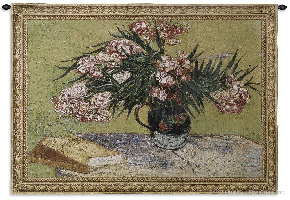 Van Gogh Oleanders Wall Tapestry C-2427, 2427-Wh, 2427C, 2427Wh, 30-39Inchestall, 38H, 50-59Incheswide, 53W, Abstract, Art, Botanical, Bouquet, Carolina, USAwoven, Cotton, Floral, Flower, Flowers, Gogh, Green, Hanging, Horizontal, Of, Oleanders, Pedals, Pink, Tapestries, Tapestry, Van, Vincent, Wall, Woven, tapestries, tapestrys, hangings, and, the