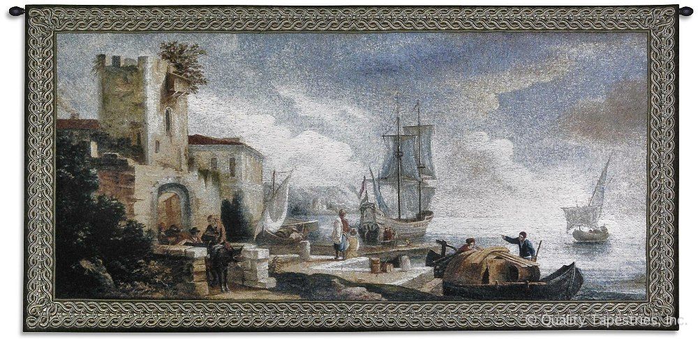 Evening Anticipation Wall Tapestry C-2434, Carolina, USAwoven, Tapestry, Nautical, Blue, Cream, Ships, 50-59Incheswide, 10-29Inchestall, Horizontal, Cotton, Woven, Wall, Hanging, Tapestries, tapestries, tapestrys, hangings, and, the