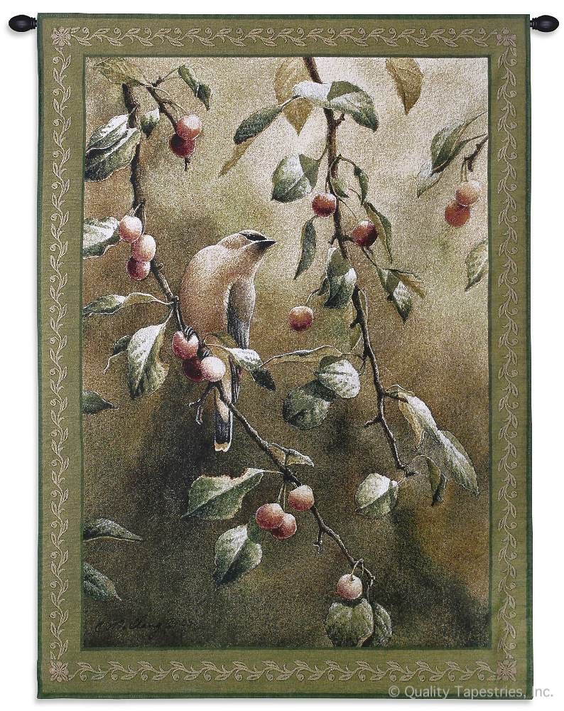 Bird on Cherry Tree Wall Tapestry C-2506, 2506-Wh, 2506C, 2506Wh, 30-39Incheswide, 38W, 50-59Inchestall, 53H, Animal, Animals, Art, Bird, Carolina, USAwoven, Cherry, Cotton, Green, Hanging, On, Sage, Tapastry, Tapestries, Tapestry, Tapistry, Tree, Vertical, Wall, Woven, tapestries, tapestrys, hangings, and, the