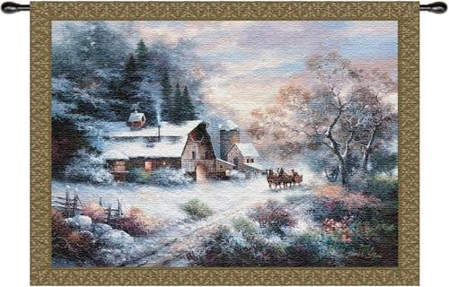Snowy Evening Wall Tapestry C-2525, Carolina, USAwoven, Tapestry, Home, White, Green, Blue, Border, Trees, 30-39Incheswide, 10-29Inchestall, Horizontal, Cotton, Woven, Wall, Hanging, Tapestries, tapestries, tapestrys, hangings, and, the