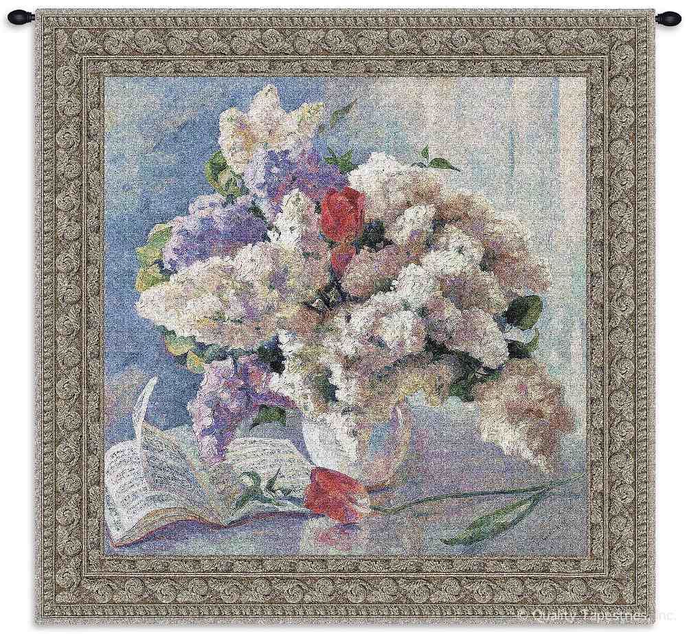 Flowers By Strauss Wall Tapestry C-2699, Carolina, USAwoven, Tapestry, Still, Life, Floral, White, Purple, Pink, Border, Music, 50-59Incheswide, 50-59Inchestall, Square, Cotton, Woven, Wall, Hanging, Tapestries, tapestries, tapestrys, hangings, and, the