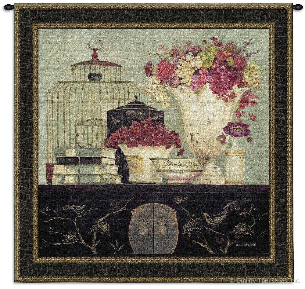 Vintage Still Life With Birdhouse Wall Tapestry C-2735, 2735-Wh, 2735C, 2735Wh, 50-59Inchestall, 50-59Incheswide, 53H, 53W, Art, Ashley, Birdhouse, Botanical, Carolina, USAwoven, Cotton, Floral, Flower, Flowers, Hanging, Life, Oriental, Pedals, Square, Still, Tapestries, Tapestry, Vintage, Wall, With, Woven, tapestries, tapestrys, hangings, and, the