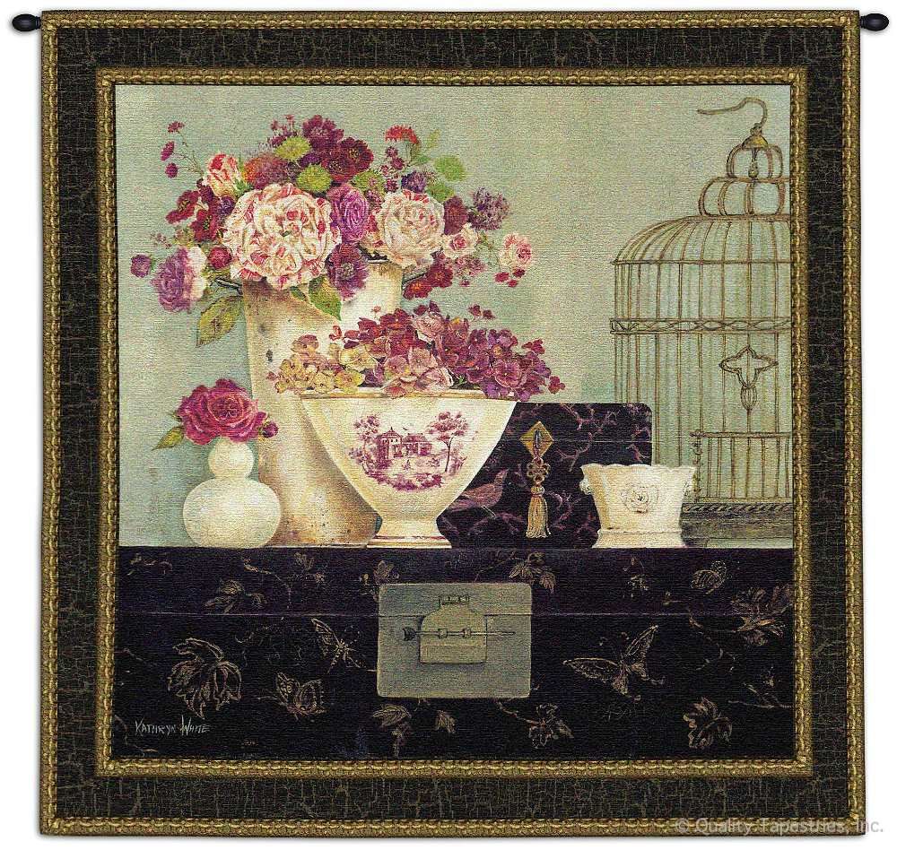 Butterfly Blossoms Wall Tapestry C-2736, Carolina, Ashley, USAwoven, Tapestry, Oriental, Floral, Still, Life, Pink, Cream, Black, Border, 50-59Incheswide, 50-59Inchestall, Square, Cotton, Woven, Wall, Hanging, Tapestries, tapestries, tapestrys, hangings, and, the
