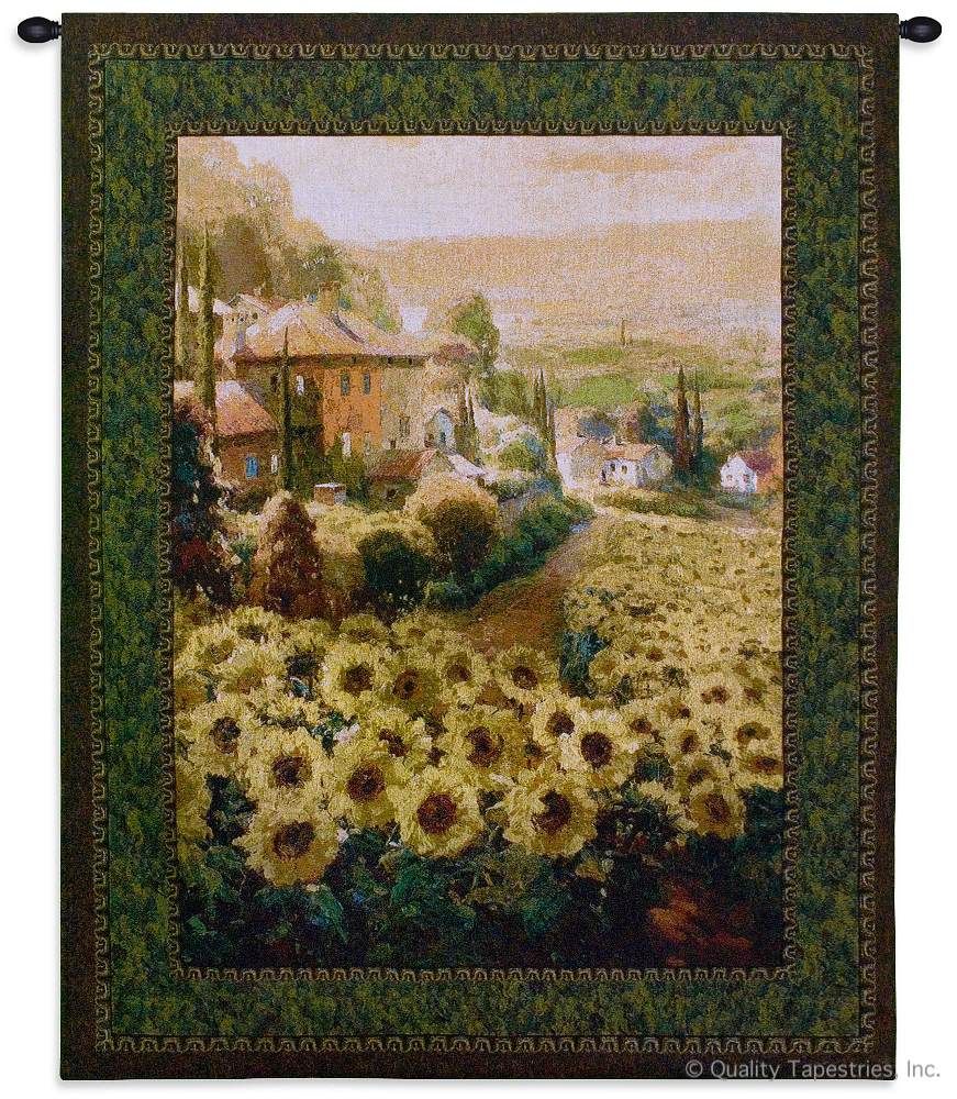 Fields of Gold Sunflower Wall Tapestry C-2758, 2758-Wh, 2758C, 2758Wh, 40-49Incheswide, 45W, 50-59Inchestall, 53H, Art, Botanical, Carolina, USAwoven, Cotton, Fields, Floral, Flower, Flowers, Gold, Green, Hanging, Of, Pedals, Sunflower, Sunflowers, Tapestries, Tapestry, Vertical, Wall, Woven, Yellow, tapestries, tapestrys, hangings, and, the