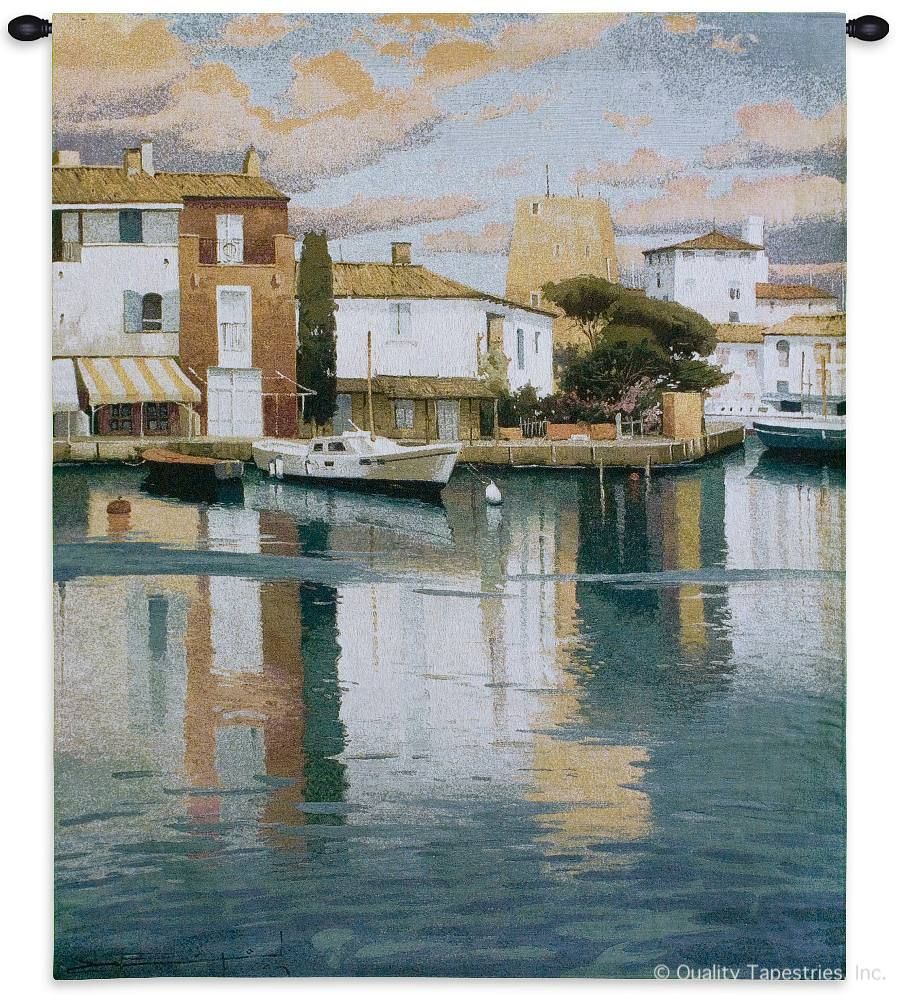 Harbor at Morning Light Wall Tapestry C-2762, 2762-Wh, 2762C, 2762Wh, 40-49Incheswide, 44W, 50-59Inchestall, 53H, Art, At, Beach, Blue, Boat, Boats, Carolina, USAwoven, Coast, Coastal, Cotton, Hanging, Harbor, Light, Morning, Ocean, Purple, Scene, Sea, Tapestries, Tapestry, Vertical, Wall, Water, Woven, tapestries, tapestrys, hangings, and, the