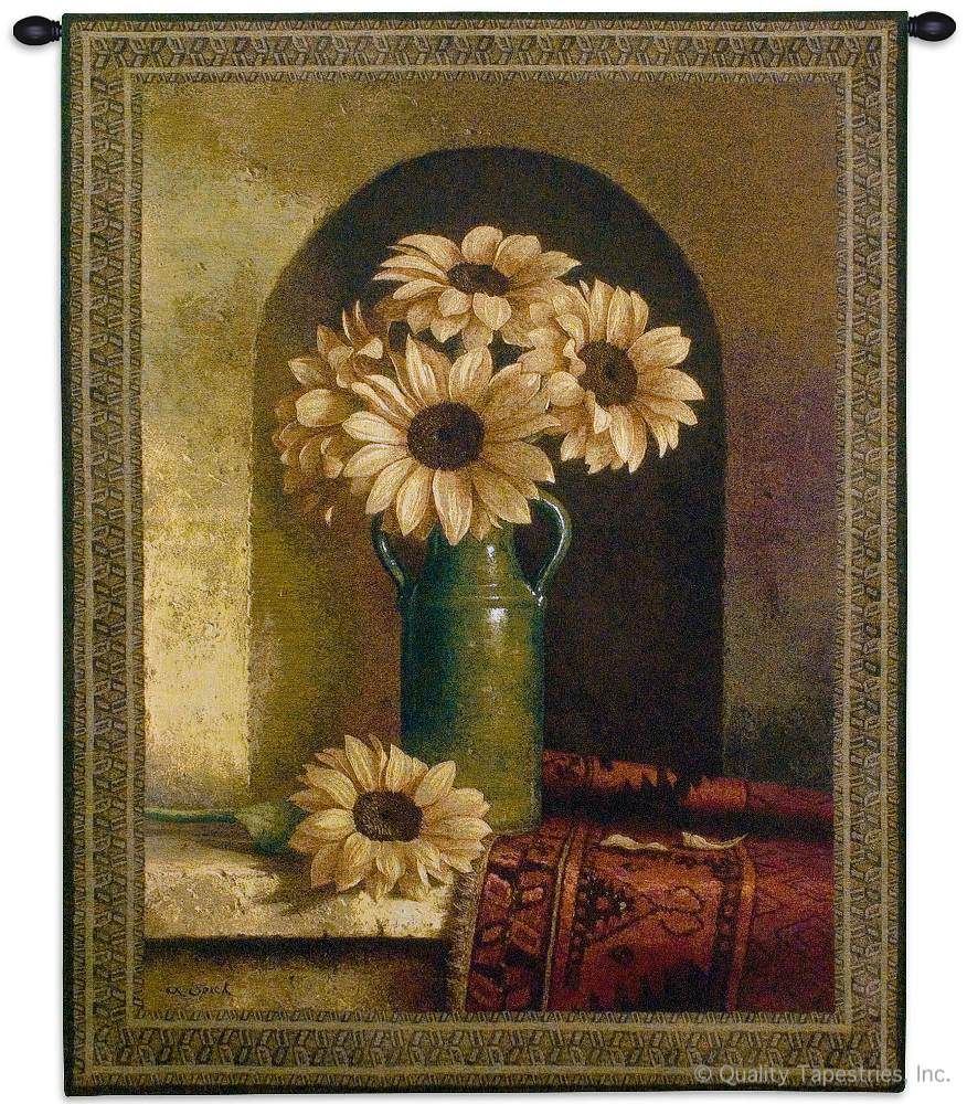 Sunflowers With Persian Rug Wall Tapestry C-2770, 2770-Wh, 2770C, 2770Wh, 40-49Incheswide, 40W, 50-59Inchestall, 53H, Art, Botanical, Bouquet, Brown, Carolina, USAwoven, Cotton, Floral, Flower, Flowers, Gold, Hanging, Life, Of, Old, Pedals, Persian, Red, Rug, Still, Sunflowers, Tapestries, Tapestry, Vertical, Wall, Western, With, World, Woven, Yellow, tapestries, tapestrys, hangings, and, the