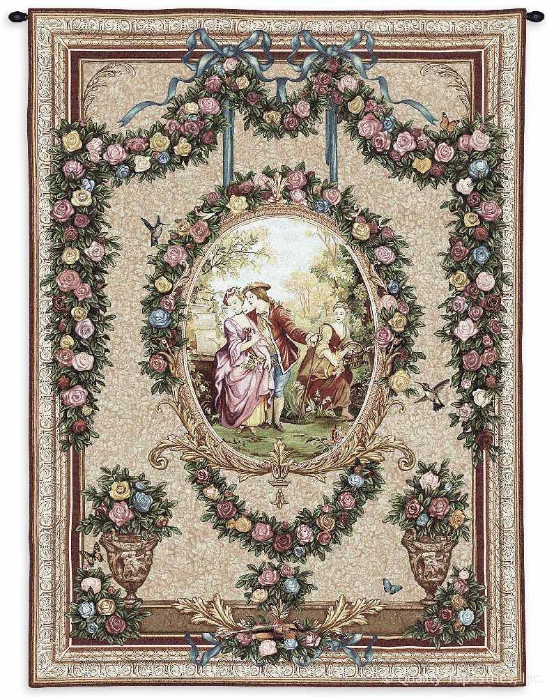 Courtship Wall Tapestry C-2778, 2778-Wh, 2778C, 2778Wh, 50-59Incheswide, 53W, 70-79Inchestall, 70H, Art, Beige, Border, Botanical, Carolina, USAwoven, Cotton, Courtship, European, Floral, Flower, Flowers, Hanging, Pedals, Pink, Tapestries, Tapestry, Vertical, Vintage, Wall, Woven, tapestries, tapestrys, hangings, and, the