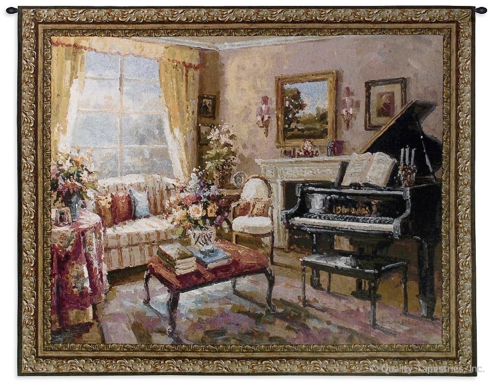 Music Room Grand Piano Wall Tapestry C-2852, 2852-Wh, 2852C, 2852Wh, 40-49Inchestall, 44H, 50-59Incheswide, 53W, Art, Brown, Carolina, USAwoven, Cotton, Grand, Hanging, Horizontal, Instrument, Instruments, Music, Musical, Piano, Room, Tapestries, Tapestry, Wall, Woven, tapestries, tapestrys, hangings, and, the