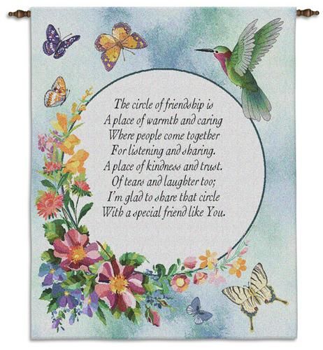Circle of Friendship Wall Tapestry C-2866, Carolina, USAwoven, Tapestry, Floral, Animal, Blue, Green, Butterfly, Humming, Bird, 30-39Incheswide, 10-29Inchestall, Horizontal, Cotton, Woven, Wall, Hanging, Tapestries, tapestries, tapestrys, hangings, and, the