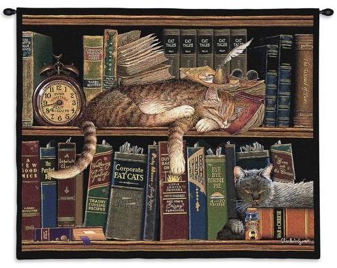 Sleeping Cats in Library Wall Tapestry C-2877, 10-29Inchestall, 26H, 2877-Wh, 2877C, 2877Wh, 30-39Incheswide, 34W, Animal, Animals, Art, Brown, Carolina, USAwoven, Cats, Cotton, Hanging, Horizontal, In, Library, Mixed, Sleeping, Tapastry, Tapestries, Tapestry, Tapistry, Wall, Woven, tapestries, tapestrys, hangings, and, the