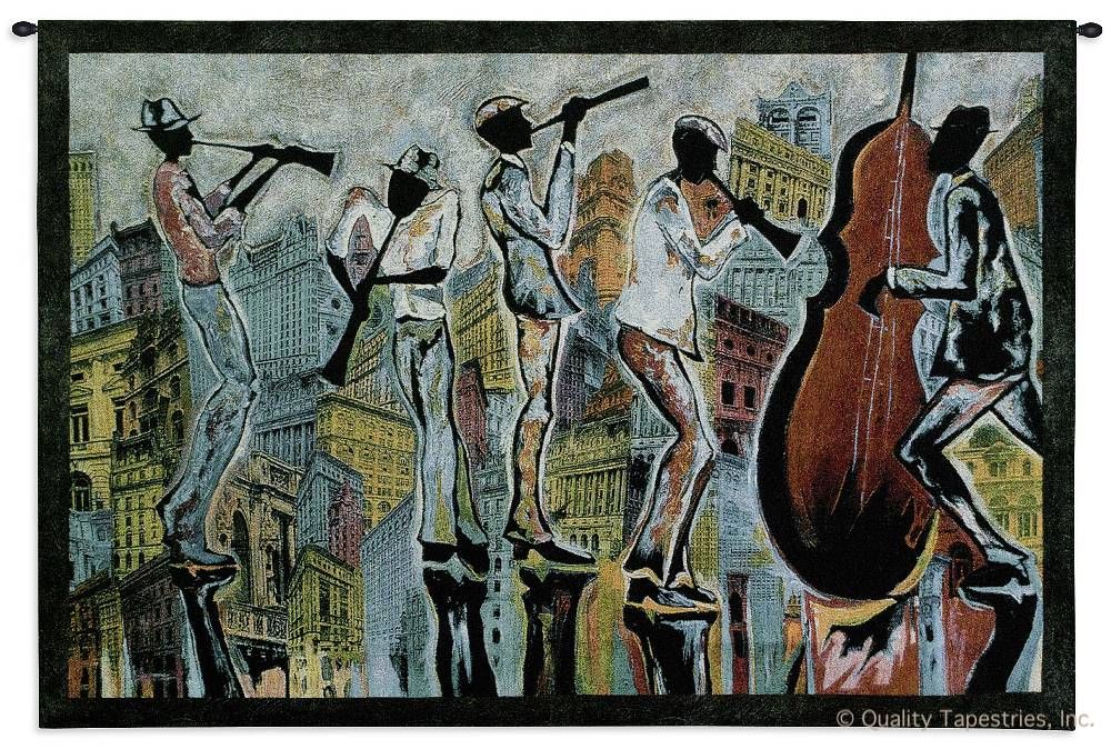 Jazz Reflections Wall Tapestry C-2889, 2889-Wh, 2889C, 2889Wh, 30-39Inchestall, 36H, 50-59Incheswide, 53W, Abstract, Africa, African, Art, Black, Blasingame, Blue, Carolina, USAwoven, Contemporary, Cotton, Folks, Green, Hanging, Horizontal, Instrument, Instruments, Jazz, Lady, Man, Modern, Music, Musical, People, Person, Persons, Reflections, Tapastry, Tapestries, Tapestry, Tapistry, Wall, Woman, Women, Woven, tapestries, tapestrys, hangings, and, the, new, orleans, music
