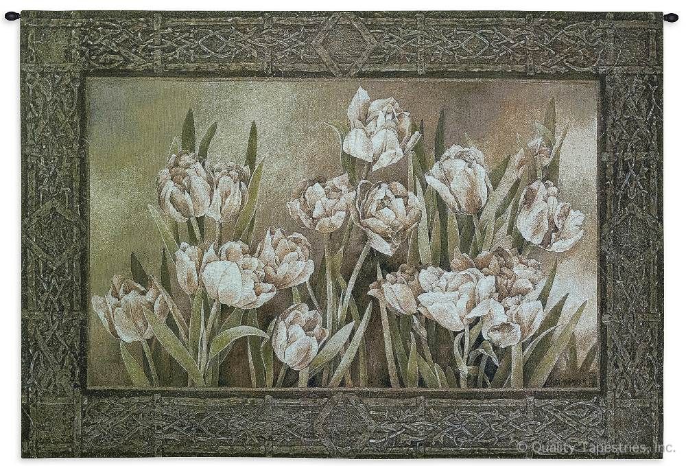 Silent Tulips Wall Tapestry C-2913, 2913-Wh, 2913C, 2913Wh, 30-39Inchestall, 36H, 50-59Incheswide, 53W, Art, Botanical, Carolina, USAwoven, Cotton, Floral, Flower, Flowers, Gray, Green, Hanging, Horizontal, Pedals, Pink, Silent, Tapestries, Tapestry, Tulips, Wall, Woven, tapestries, tapestrys, hangings, and, the