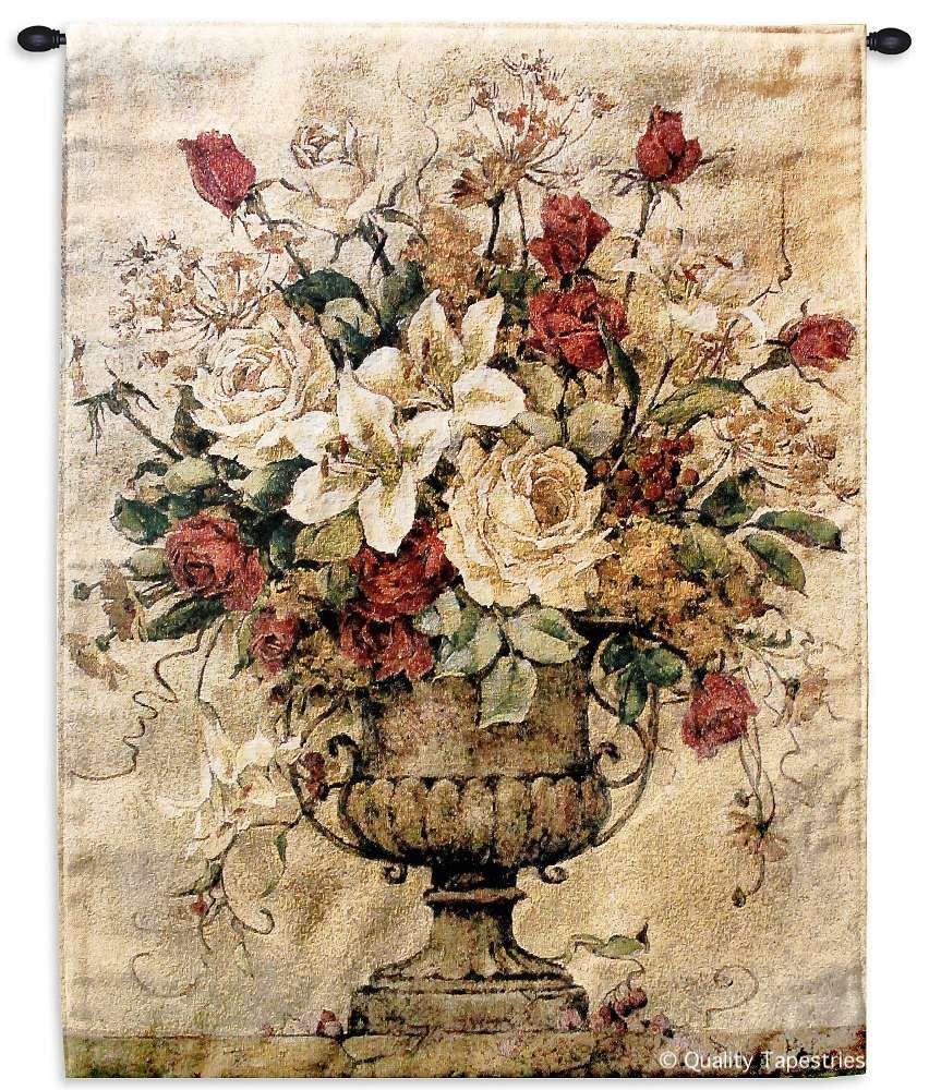 Reflections I Floral Wall Tapestry C-2988, 10-29Incheswide, 26W, 2988-Wh, 2988C, 2988Wh, 30-39Inchestall, 32H, Art, Botanical, Bouquet, Brown, Carolina, USAwoven, Cotton, Floral, Flower, Flowers, Group, Hanging, I, In, Of, Pedals, Reflections, Tapestries, Tapestry, Urn, Vertical, Wall, Woven, tapestries, tapestrys, hangings, and, the