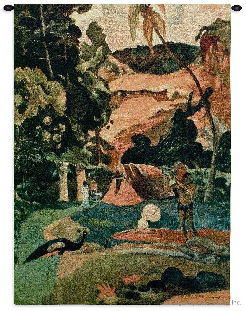 Paul Gauguin Matamoe Wall Tapestry C-2999, 2999-Wh, 2999C, 2999Wh, 30-39Incheswide, 37W, 50-59Inchestall, 51H, Abstract, Art, Artist, Brown, Carolina, USAwoven, Contemporary, Cotton, Famous, Gauguin, Green, Hanging, Masterpiece, Masterpieces, Matamoe, Modern, Old, Painting, Paintings, Paul, Tapastry, Tapestries, Tapestry, Tapistry, Vertical, Vvv, Wall, Woven, tapestries, tapestrys, hangings, and, the