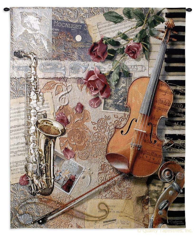 Musical Ensemble Wall Tapestry C-3062, 3062-Wh, 3062C, 3062Wh, 40-49Incheswide, 42W, 50-59Inchestall, 53H, Abstract, Art, Brown, Carolina, USAwoven, Cotton, Ensemble, Hanging, Instrument, Instruments, Music, Musical, Piano, Pink, Sax, Saxophone, Tapestries, Tapestry, Vertical, Violin, Wall, Woven, Bestseller, tapestries, tapestrys, hangings, and, the