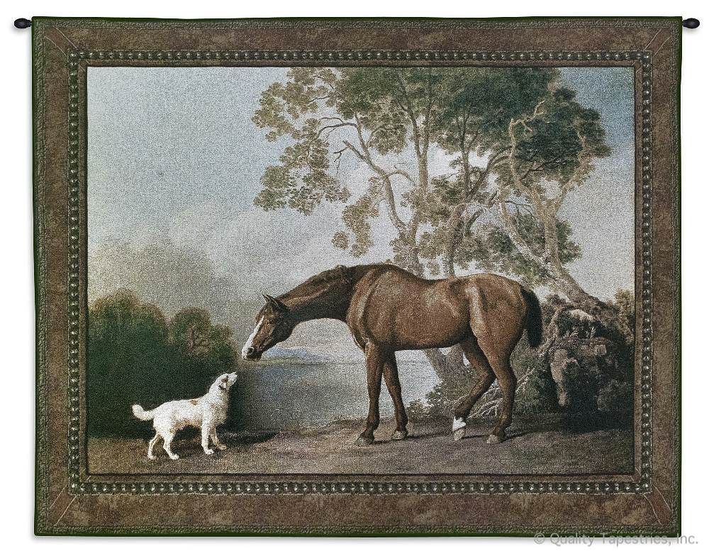 Bay Horse And White Dog Wall Tapestry C-3094, Carolina, USAwoven, Tapestry, Animal, Green, Blue, Brown, White, 50-59Incheswide, 40-49Inchestall, Horizontal, Cotton, Woven, Wall, Hanging, Tapestries, tapestries, tapestrys, hangings, and, the