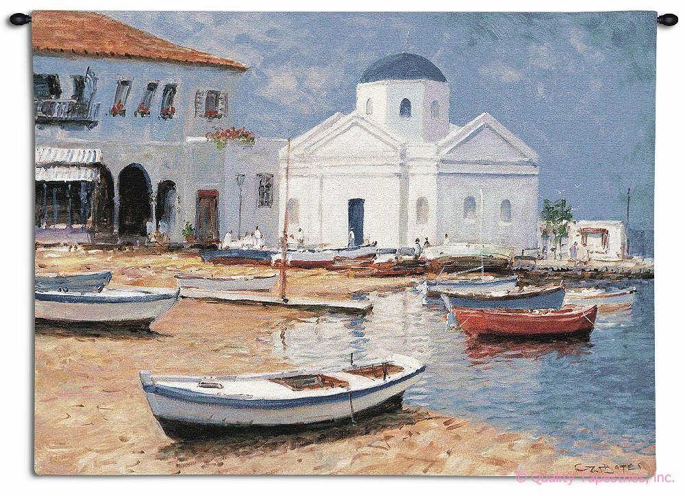Mykonos I Wall Tapestry C-3111, Carolina, USAwoven, Tapestry, Coastal, Sets, Blue, White, Boats, Greece, 50-59Incheswide, 40-49Inchestall, Horizontal, Cotton, Woven, Wall, Hanging, Tapestries, tapestries, tapestrys, hangings, and, the