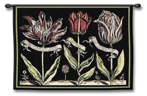 Tulips on Black I Wall Tapestry C-3136, 10-29Inchestall, 26H, 30-39Incheswide, 3136-Wh, 3136C, 3136Wh, 34W, Art, Black, Botanical, Carolina, USAwoven, Cotton, Floral, Flower, Flowers, Group, Hanging, Horizontal, I, On, Pedals, Pink, Red, Tapestries, Tapestry, Tulips, Wall, Woven, tapestries, tapestrys, hangings, and, the