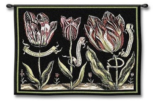 Tulips on Black II Wall Tapestry C-3137, 10-29Inchestall, 26H, 30-39Incheswide, 3137-Wh, 3137C, 3137Wh, 34W, Art, Black, Botanical, Carolina, USAwoven, Cotton, Floral, Flower, Flowers, Group, Hanging, Horizontal, Ii, On, Pedals, Pink, Tapestries, Tapestry, Tulips, Wall, Woven, tapestries, tapestrys, hangings, and, the