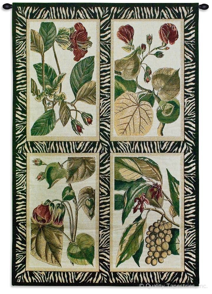 Floral Quad Wall Tapestry C-3141, Carolina, USAwoven, Tapestry, Botanical, Animal, Green, Red, Black, White, Zebra, 30-39Incheswide, 50-59Inchestall, Vertical, Cotton, Woven, Wall, Hanging, Tapestries, tapestries, tapestrys, hangings, and, the