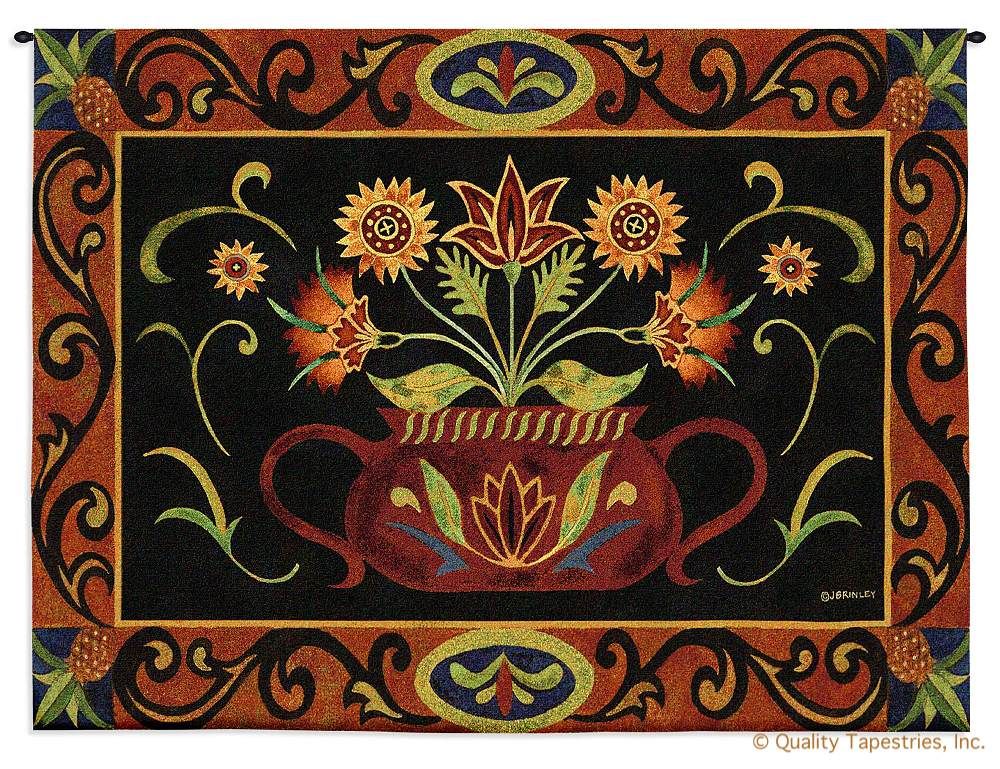 Potted Folk Floral Wall Tapestry C-3205, Carolina, USAwoven, Tapestry, Floral, Brown, Black, Yellow, 50-59Incheswide, 30-39Inchestall, Horizontal, Cotton, Woven, Wall, Hanging, Tapestries, tapestries, tapestrys, hangings, and, the
