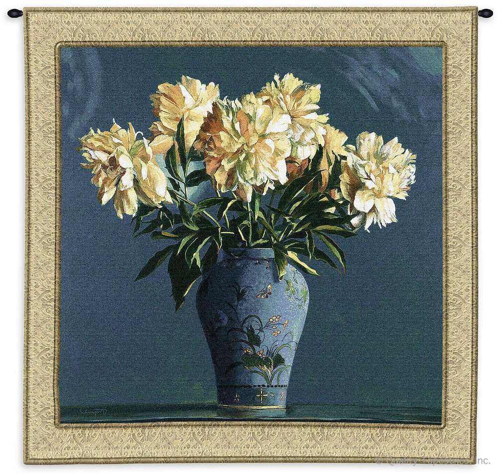 Blue China Vase Wall Tapestry C-3233, 3233-Wh, 3233C, 3233Wh, 50-59Inchestall, 50-59Incheswide, 53H, 53W, Art, Blue, Border, Botanical, Bouquet, Carolina, USAwoven, China, Cotton, Cream, Floral, Flower, Flowers, Hanging, Of, Pedals, Square, Tapestries, Tapestry, Vase, Wall, White, Woven, tapestries, tapestrys, hangings, and, the