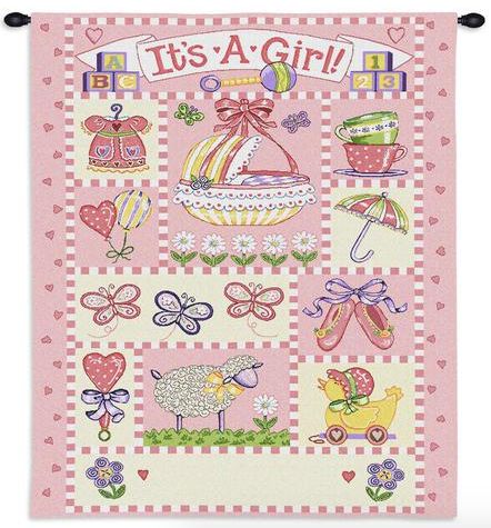 Its a Girl Wall Tapestry C-3277, 10-29Incheswide, 26W, 30-39Inchestall, 3277-Wh, 3277C, 3277Wh, 34H, A, Art, Baby, Carolina, USAwoven, Child, ChildS, ChildrenS, Childrens, Childs, Cotton, Fun, Girl, Hanging, Infant, ItS, Kid, KidS, Kids, Newborn, Pink, Tapestries, Tapestry, Toddler, Vertical, Wall, Woven, tapestries, tapestrys, hangings, and, the