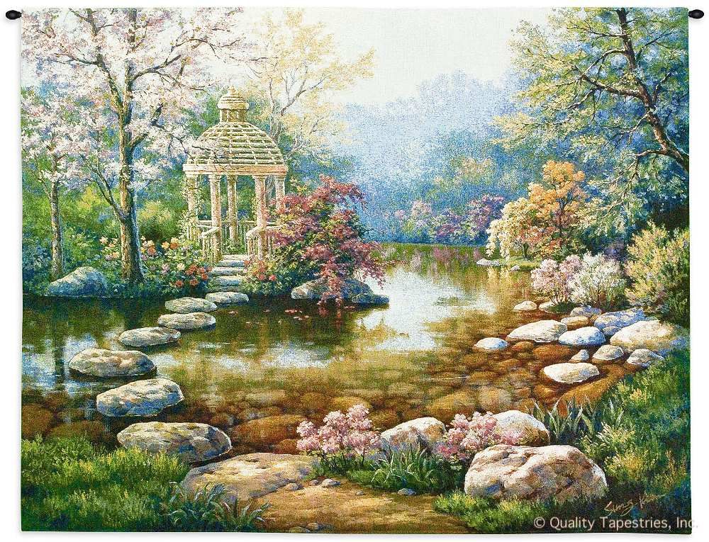 Gazebo by Water Brook Wall Tapestry C-3421, 3421-Wh, 3421C, 3421Wh, 40-49Inchestall, 40H, 50-59Incheswide, 53W, Art, Brook, Brown, By, Carolina, USAwoven, Cotton, Earth, Field, Gazebo, Hanging, Horizontal, Landscape, Landscapes, Pink, River, Scene, Stones, Tapestries, Tapestry, Trees, Wall, Water, Woven, Bestseller, tapestries, tapestrys, hangings, and, the