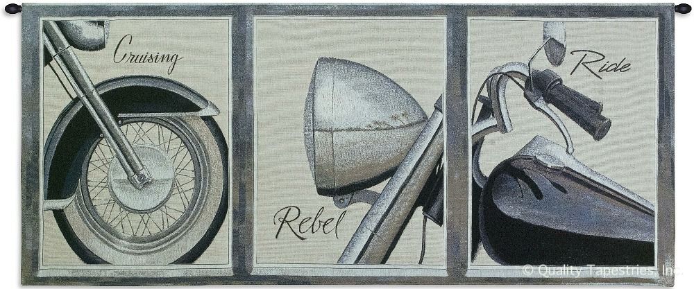 Motorcycle Wall Tapestry C-3597, 10-29Inchestall, 25H, 3597-Wh, 3597C, 3597Wh, 50-59Incheswide, 58W, Art, Bike, Carolina, USAwoven, Cotton, Cruising, Gray, Hanging, Horizontal, Motorcycle, Other, Panel, Tapestries, Tapestry, Travel, Wall, Wide, Woven, Yellow, tapestries, tapestrys, hangings, and, the