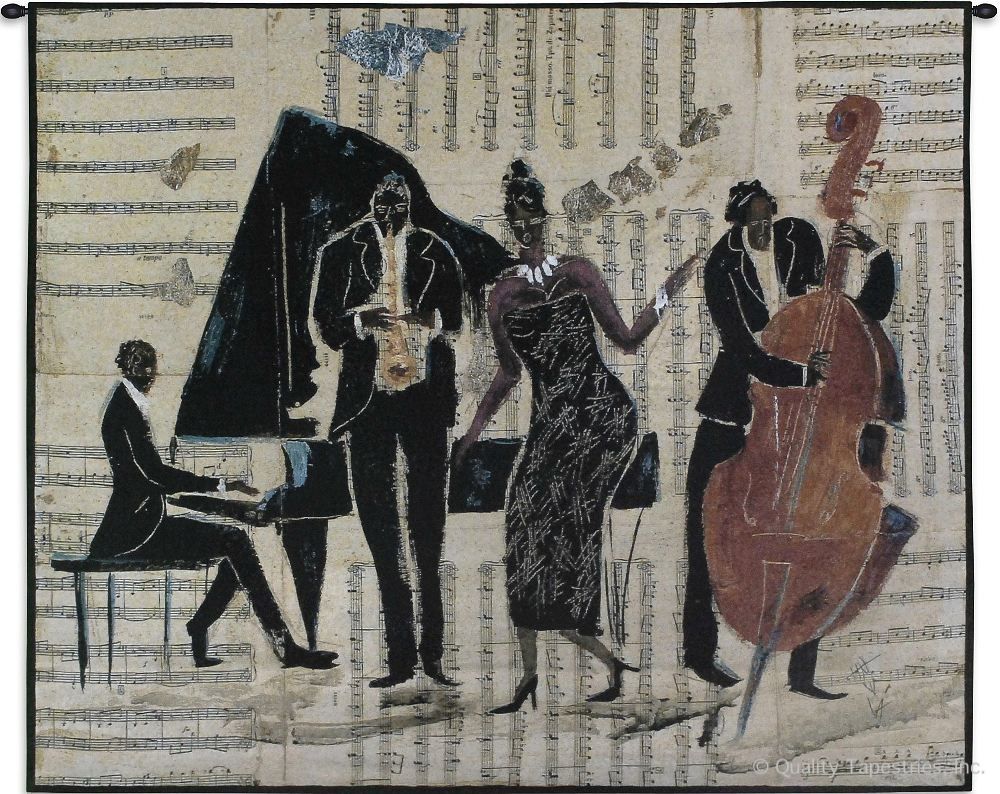 Jam Session Wall Tapestry C-3606, 3606-Wh, 3606C, 3606Wh, 40-49Inchestall, 43H, 50-59Incheswide, 52W, Abstract, Art, Ashley, Beige, Black, Brown, Carolina, USAwoven, Contemporary, Cotton, Folks, Hanging, Horizontal, Instrument, Instruments, Jam, Lady, Man, Modern, Music, Musical, People, Person, Persons, Session, Tapastry, Tapestries, Tapestry, Tapistry, Wall, Woman, Women, Woven, tapestries, tapestrys, hangings, and, the