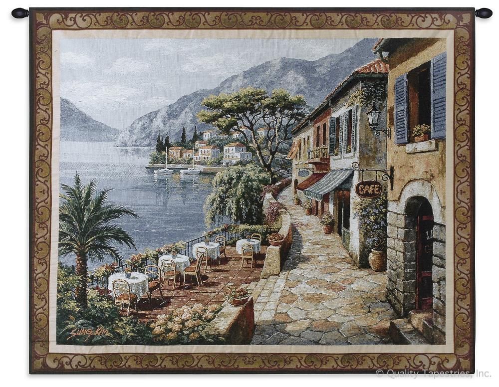 European Seaside Cafe II Wall Tapestry C-3639, 3639-Wh, 3639C, 3639Wh, 40-49Inchestall, 44H, 50-59Incheswide, 53W, Art, Blue, Brown, Cafe, Carolina, USAwoven, Cityscape, Cityscapes, Coastal, Cotton, Europe, European, Hanging, Horizontal, Ii, New, Restaurant, Restaurants, Seaside, Tapestries, Tapestry, Tapistry, Trees, Wall, Woven, tapestries, tapestrys, hangings, and, the