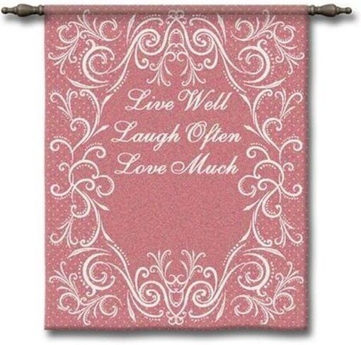 Live Well Pink Wall Tapestry C-3895, 10-29Incheswide, 26W, 30-39Inchestall, 32H, 3895-Wh, 3895C, 3895Wh, Art, Carolina, USAwoven, Cotton, Hanging, Laugh, Live, Love, Much, Often, Other, Pink, Tapestries, Tapestry, Vertical, Wall, Well, Woven, tapestries, tapestrys, hangings, and, the