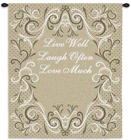 Live Well Taupe Wall Tapestry C-3896, 10-29Incheswide, 26W, 30-39Inchestall, 32H, 3896-Wh, 3896C, 3896Wh, Art, Brown, Carolina, USAwoven, Cotton, Hanging, Laugh, Live, Love, Much, Often, Other, Tapestries, Tapestry, Taupe, Vertical, Wall, Well, Woven, tapestries, tapestrys, hangings, and, the