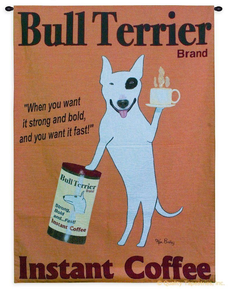 Instant Coffee Vintage Poster Wall Tapestry C-4027, 30-39Incheswide, 39W, 4027-Wh, 4027C, 4027Wh, 50-59Inchestall, 53H, Ad, Advertisement, Advertisements, Ancient, Antique, Art, Bull, Carolina, USAwoven, Coffee, Cotton, Dog, Famous, Hanging, Instant, Old, Olde, Orange, Poster, Posters, Tapestries, Tapestry, Terrier, Vertical, Vintage, Wall, White, Woven, tapestries, tapestrys, hangings, and, the