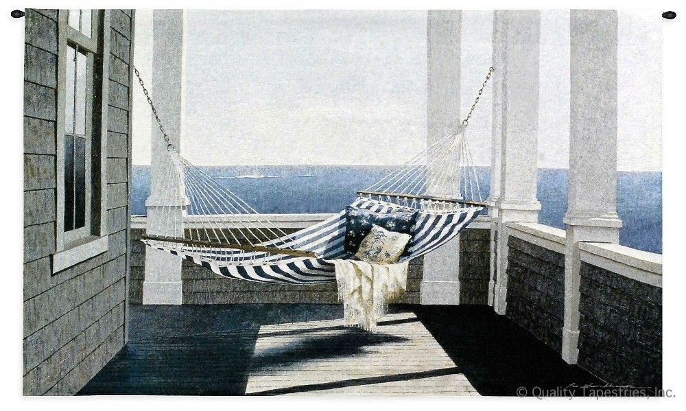 Porch Hammock Wall Tapestry C-4028, 30-39Inchestall, 32H, 4028-Wh, 4028C, 4028Wh, 50-59Incheswide, 53W, Art, Beach, Blue, Carolina, USAwoven, Coast, Coastal, Cotton, Hammock, Hanging, Home, Horizontal, Ocean, Oceanfront, Porch, Scene, Sea, Striped, Tapestries, Tapestry, Wall, White, Woven, tapestries, tapestrys, hangings, and, the