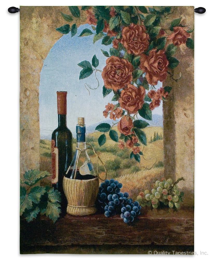 European Rose Still Life Wall Tapestry C-4038, 30-39Incheswide, 38W, 4038-Wh, 4038C, 4038Wh, 50-59Inchestall, 53H, Alcohol, Art, Ashley, Brown, Carolina, USAwoven, Cotton, Erope, Europe, European, Eurupe, Hanging, Life, Red, Rose, Spirits, Still, Tapestries, Tapestry, Urope, Vertical, Vineyard, Wall, Wine, Woven, tapestries, tapestrys, hangings, and, the