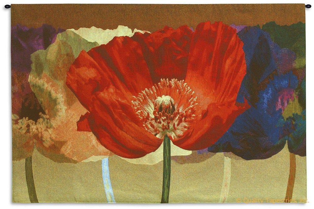 Poppy Tango Wall Tapestry C-4071, 30-39Inchestall, 35H, 4071-Wh, 4071C, 4071Wh, 50-59Incheswide, 52W, Art, Blue, Botanical, Carolina, USAwoven, Cotton, Floral, Flower, Flowers, Hanging, Hhh, Horizontal, Pedals, Poppy, Red, Tango, Tapestries, Tapestry, Wall, Watercolor, Woven, Yellow, tapestries, tapestrys, hangings, and, the