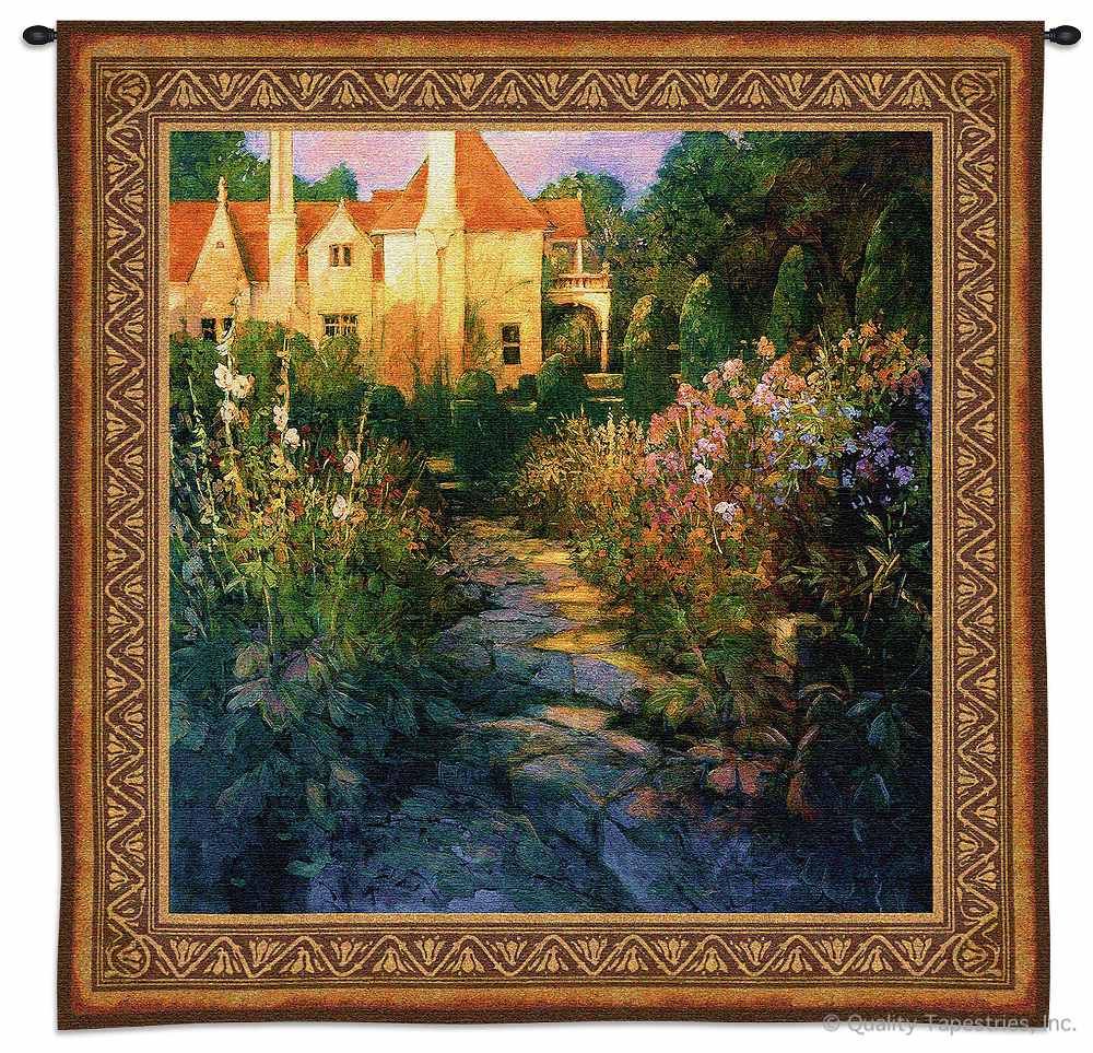 Garden Walk at Sunset Wall Tapestry C-4188, 4188-Wh, 4188C, 4188Wh, 50-59Inchestall, 50-59Incheswide, 52W, 55H, Art, At, Botanical, Brown, Carolina, USAwoven, Cotton, Floral, Flower, Flowers, Garden, Hanging, Pedals, Square, Sunset, Tapestries, Tapestry, Walk, Wall, Woven, tapestries, tapestrys, hangings, and, the