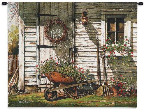 Rustic Barn Wheelbarrow Wall Tapestry C-4300, 10-29Incheswide, 27W, 30-39Inchestall, 32H, 4300-Wh, 4300C, 4300Wh, Art, Barn, Carolina, USAwoven, Cotton, Green, Hanging, Home, Other, Rustic, Square, Tapestries, Tapestry, Wall, Wheelbarrow, White, Woven, tapestries, tapestrys, hangings, and, the