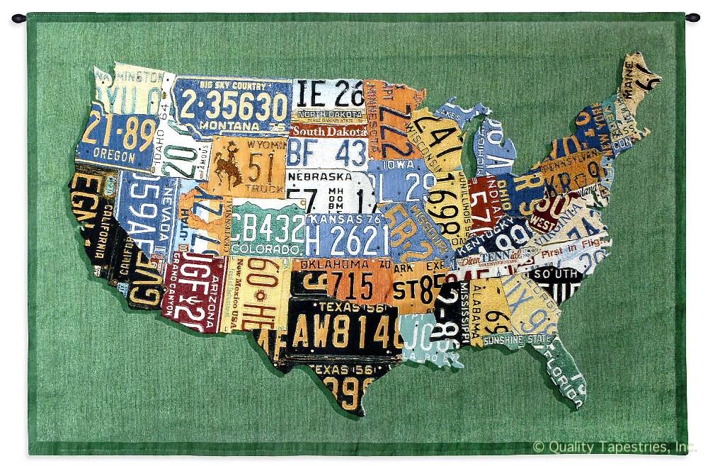 US License Plates II Wall Tapestry C-4453, 30-39Inchestall, 37H, 4453-Wh, 4453C, 4453Wh, 50-59Incheswide, 53W, America, American, Art, Carolina, USAwoven, Collage, Cotton, Green, Hanging, Horizontal, Ii, License, Map, Mixed, Of, Orange, Other, Plates, States, Tapestries, Tapestry, United, Us, Wall, Woven, tapestries, tapestrys, hangings, and, the
