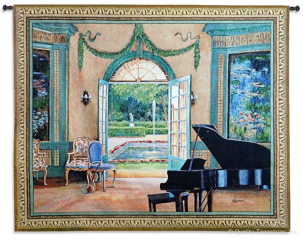 Music Room Monet Grand Piano Wall Tapestry C-4777, 4777-Wh, 4777C, 4777Wh, 50-59Inchestall, 52H, 60-69Incheswide, 64W, Art, Ashley, Black, Blue, Carolina, USAwoven, Cotton, Cream, Grand, Green, Hanging, Home, Horizontal, Instrument, Instruments, Light, Monet, Music, Musical, Peach, Piano, Room, Tapestries, Tapestry, Wall, Woven, tapestries, tapestrys, hangings, and, the