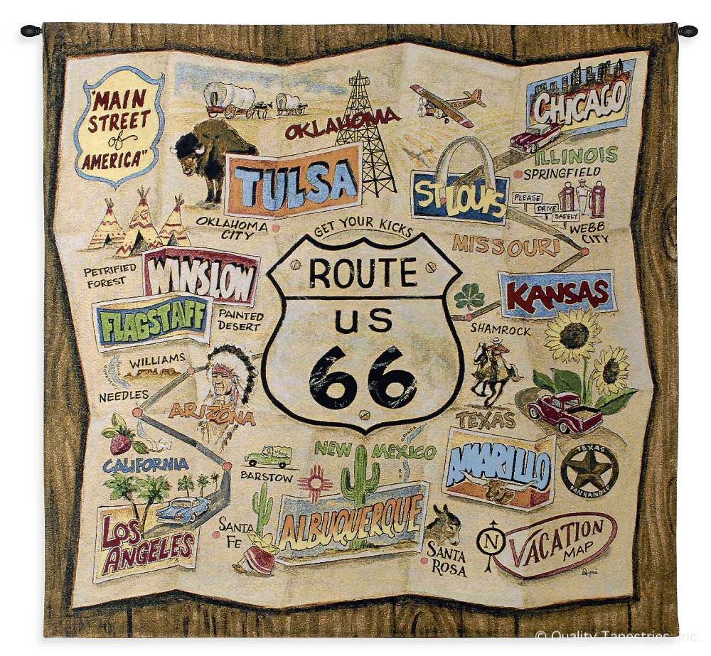 US Route 66 Map Wall Tapestry C-5269, 40-49Inchestall, 40-49Incheswide, 44H, 44W, 5269-Wh, 5269C, 5269Wh, 66, Antique, Art, S, Brown, Carolina, USAwoven, Collage, Cotton, Grande, Hanging, Hemisphere, Hemispheres, Map, Maps, Old, Olde, Pangea, Road, Route, Rt, Seller, Square, Tapestries, Tapestry, Us, Vintage, Wall, Western, World, Woven, Woven, tapestries, tapestrys, hangings, and, the