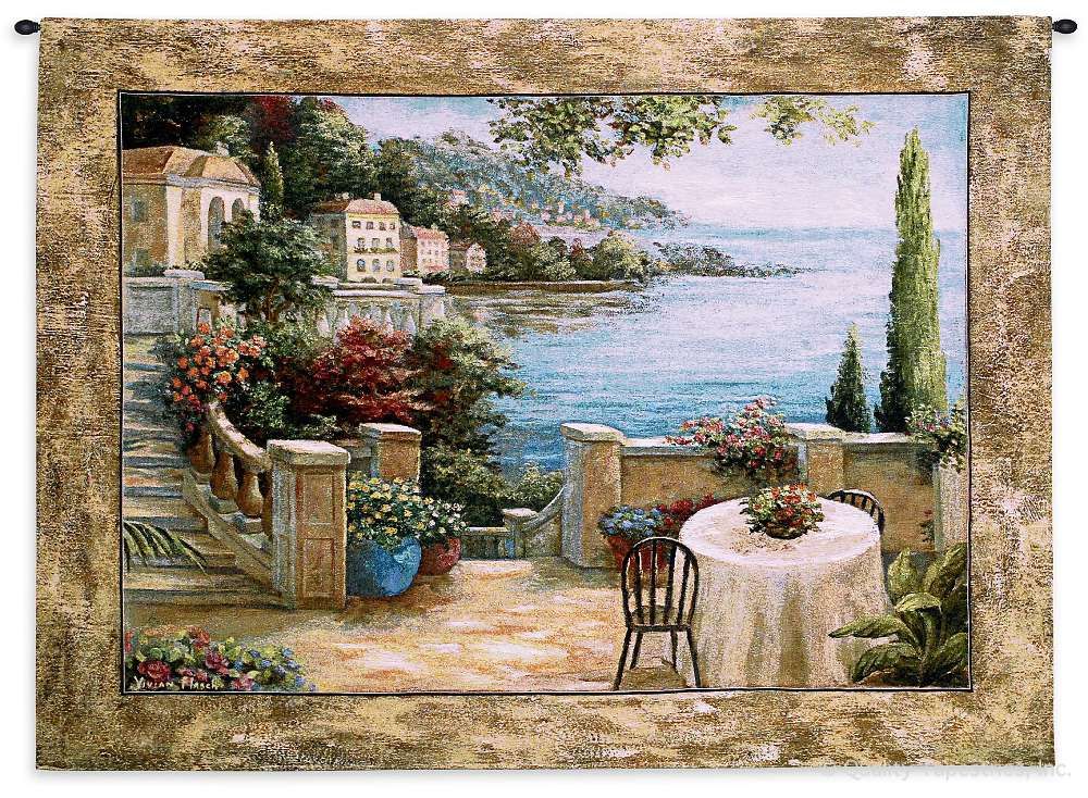 Mediterranean Terrace II Wall Tapestry C-5300, 40-49Inchestall, 41H, 50-59Incheswide, 5300-Wh, 5300C, 5300Wh, 54W, Art, Blue, Brown, Carolina, USAwoven, Coastal, Cotton, Cream, Europe, European, Hanging, Horizontal, Ii, Medaterranean, Meditaranean, Mediteranean, Mediterranean, Meditteranean, Meditterranean, New, Ocean, Sea, Seaside, Tapestries, Tapestry, Tapistry, Terrace, Trees, View, Wall, Woven, tapestries, tapestrys, hangings, and, the