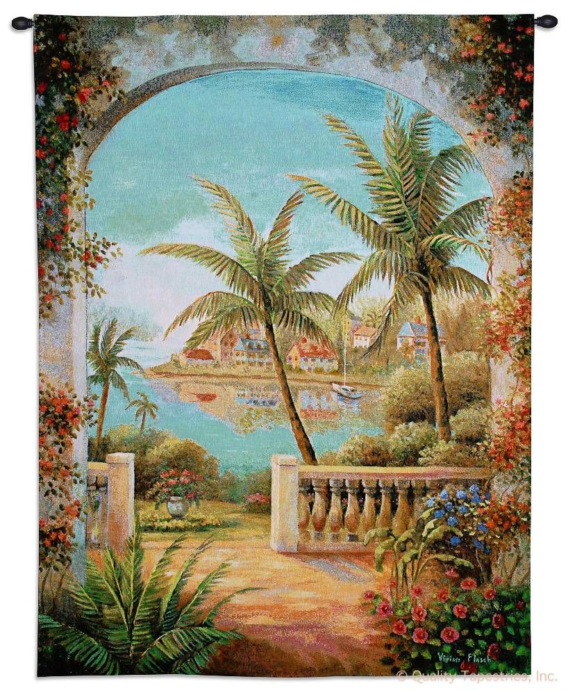 Tropical Terrace Wall Tapestry C-5301, 40-49Incheswide, 40W, 50-59Inchestall, 5301-Wh, 5301C, 5301Wh, 54H, Art, Blue, Carolina, USAwoven, Coastal, Cotton, Floral, Green, Hanging, Ii, New, Palm, Tapestries, Tapestry, Tapistry, Terrace, Trees, Tropical, Vertical, Wall, Woven, tapestries, tapestrys, hangings, and, the