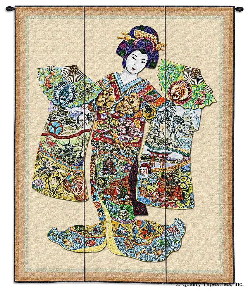 Geisha Girl Japanese Wall Tapestry C-5632, 40-49Incheswide, 41W, 50-59Inchestall, 53H, 5632-Wh, 5632C, 5632Wh, Art, Asia, Asian, Beige, Brown, Carolina, USAwoven, Chinese, Cotton, Geisha, Girl, Hanging, Japanese, Kimono, Orient, Oriental, Tapestries, Tapestry, Vertical, Wall, Woman, Woven, tapestries, tapestrys, hangings, and, the